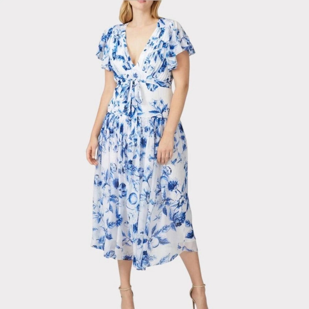 ML Monique Lhuillier Floral Tie Waist Midi Dress Blue White Garden Party Sz 12